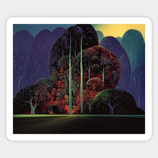 Eyvind Earle - softening-shades-of-twilight Sticker by QualityArtFirst